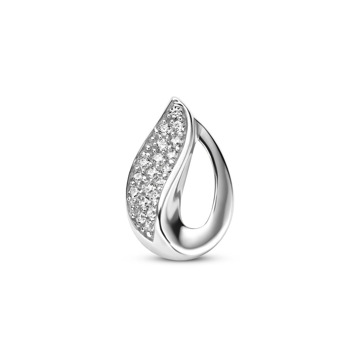 Ciondolo in argento 925 rodiato con pavé di zirconia, forma a goccia.
