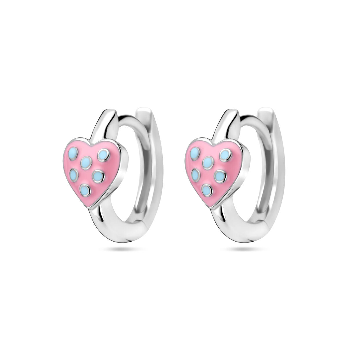 Orecchini alla creola argentati per bambini con cuore smaltato rosa e turchese.