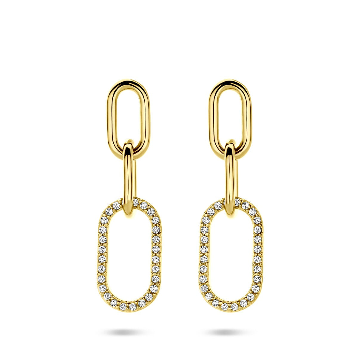 Verguld zilveren oorhangers met een dubbele schakel en zirkonia, 30 mm lang.