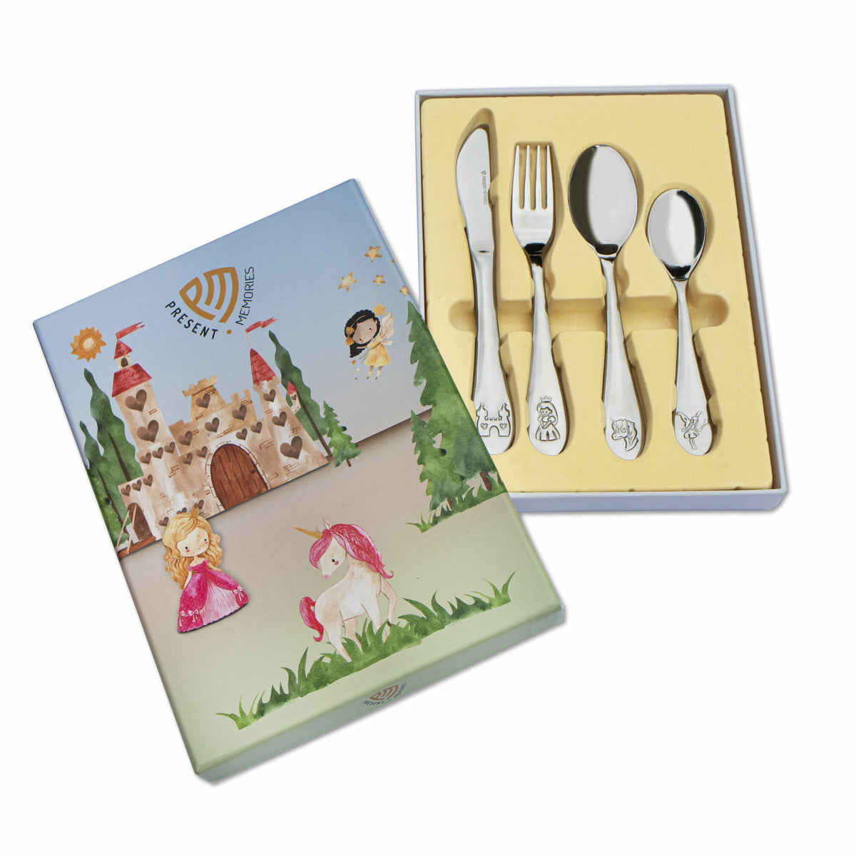 Set di posate per bambini in acciaio inox con decorazioni fiabesche, inclusi coltello, forchetta e cucchiai.
