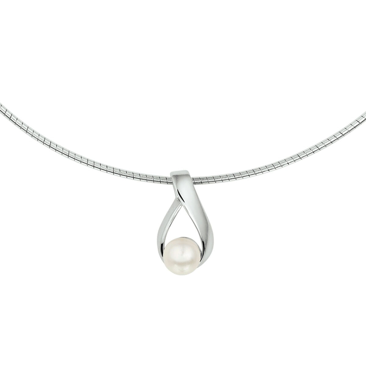 Collana in argento rodiato con perla centrale e design a spirale.