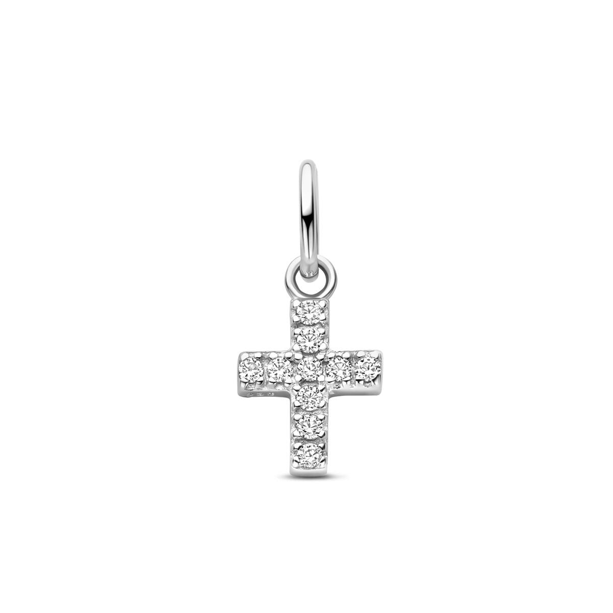 Zilveren kruisvormige hanger van 15,5 mm bezet met zirkonia steentjes.