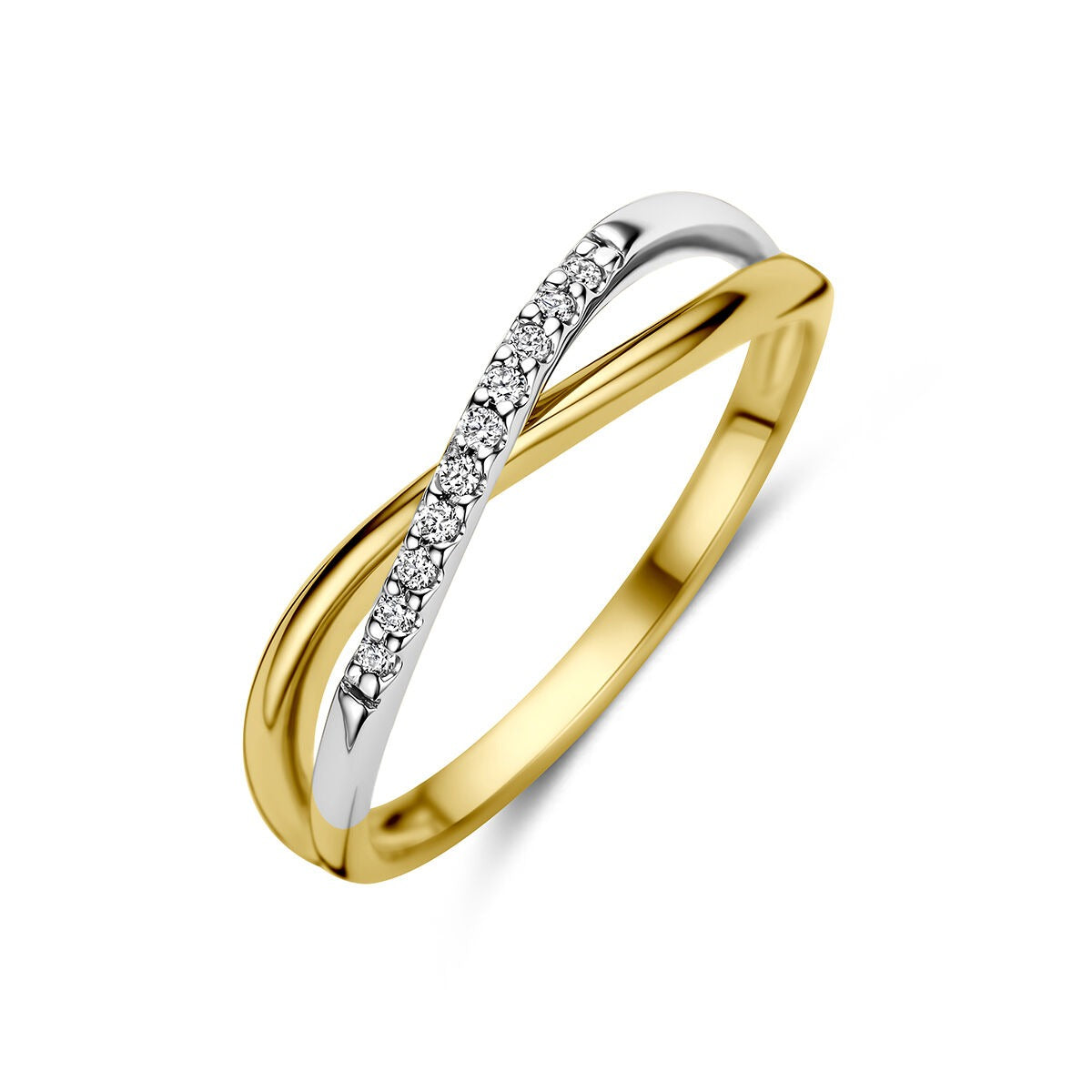 Anello bicolore in oro 14k con diamanti, design intrecciato e finitura lucida.