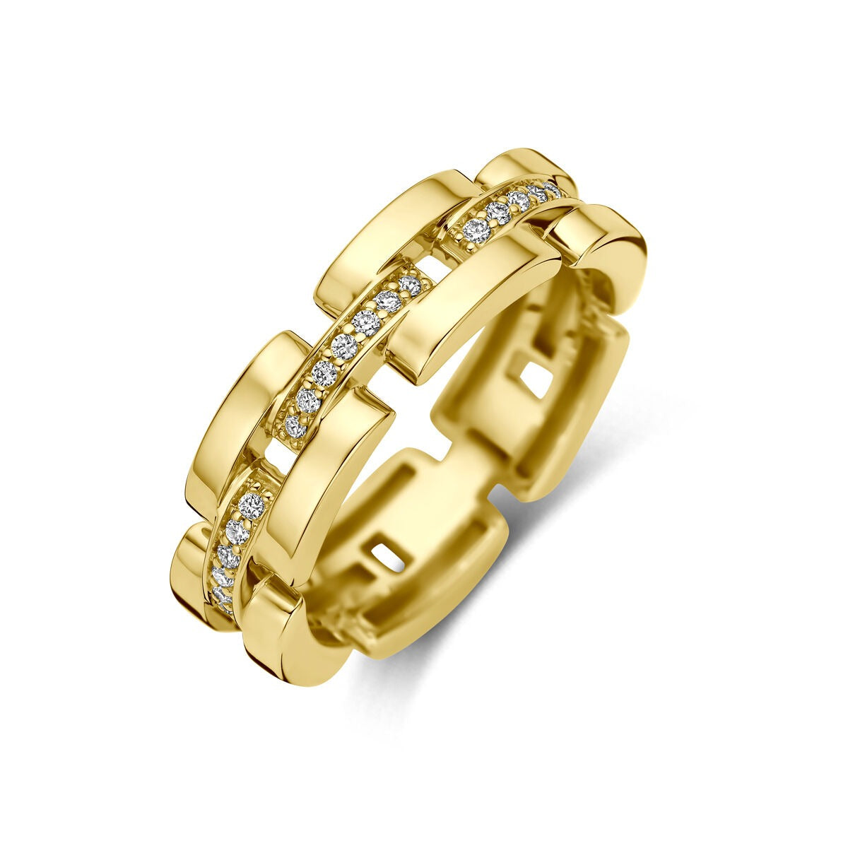 Anello in oro giallo 14k con diamanti incastonati.