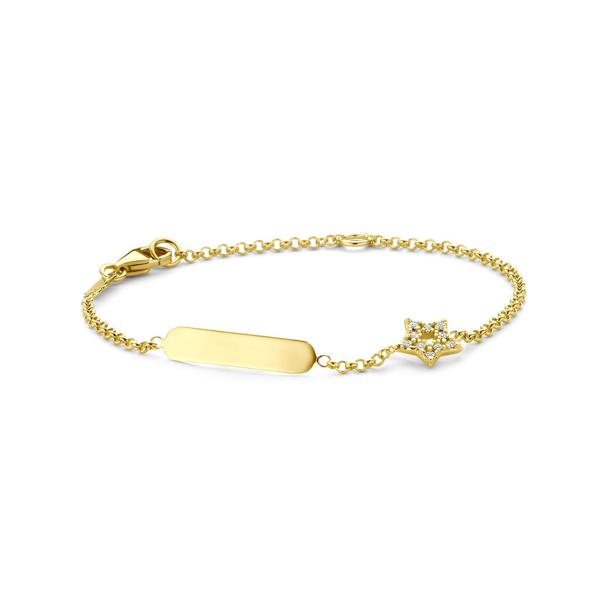 Bracciale in oro giallo 14k con piastrina per incisione e stella decorata con zirconi.