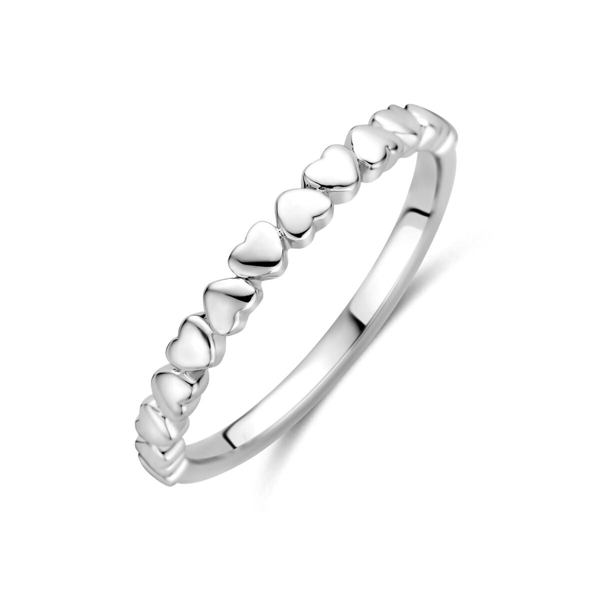 Gerhodineerde 925 zilveren ring met een rij kleine hartjes.