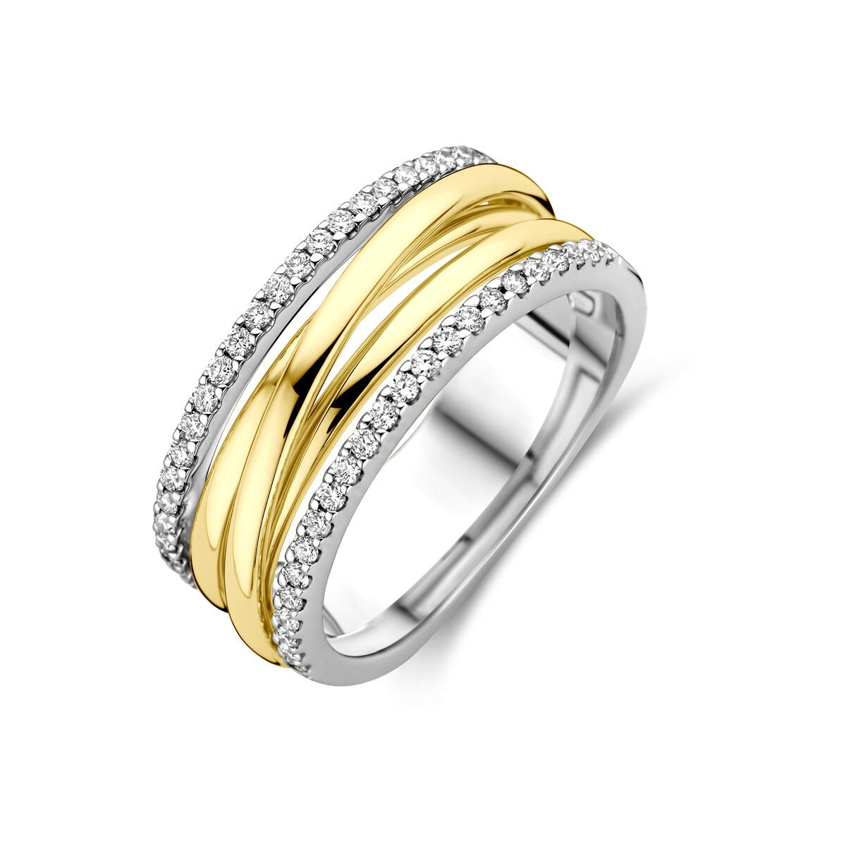 Anello bicolore in oro 14k con diamanti, con due fasce dorate e una fascia argentata.