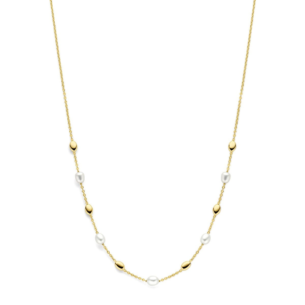 14k geelgouden collier met een afwisselende rij van parels en gouden elementen.