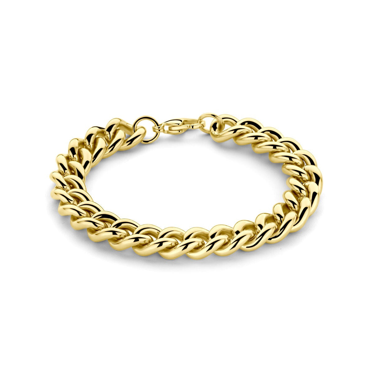 Goudkleurige stalen gourmet armband van 10 mm met een schakelontwerp en een sluiting.
