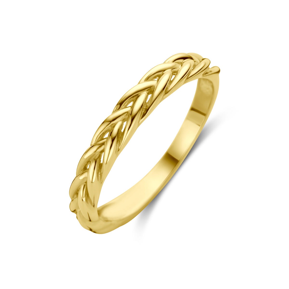 Anello in oro giallo 9 carati con design intrecciato, elegante e senza tempo.