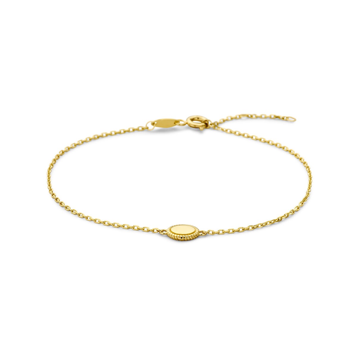 Bracciale in oro giallo 14k con ciondolo, realizzato con maglia ancorata fine.