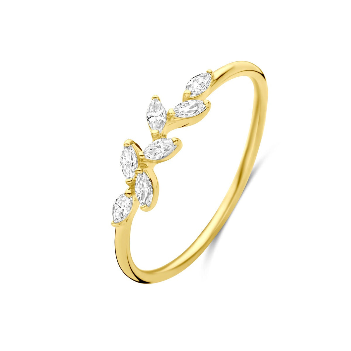 Anello da donna in oro 14k con zirconi ovali di 4 mm, design floreale.