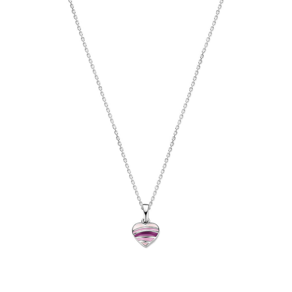 Zilveren kinderketting met een hartvormige hanger in roze en paarse emaille.