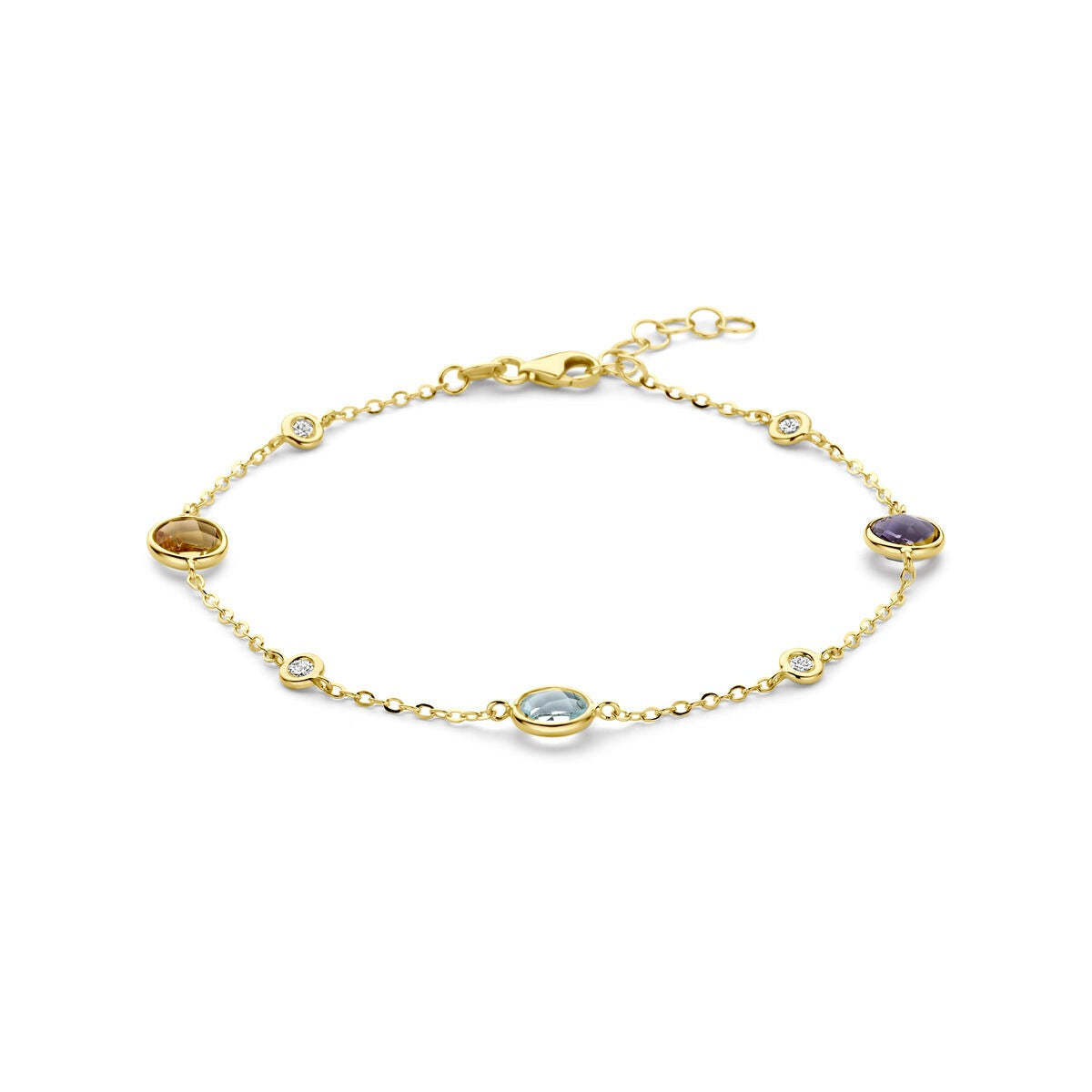 Bracciale in oro giallo 14k con citrino, ametista, topazio e diamante.