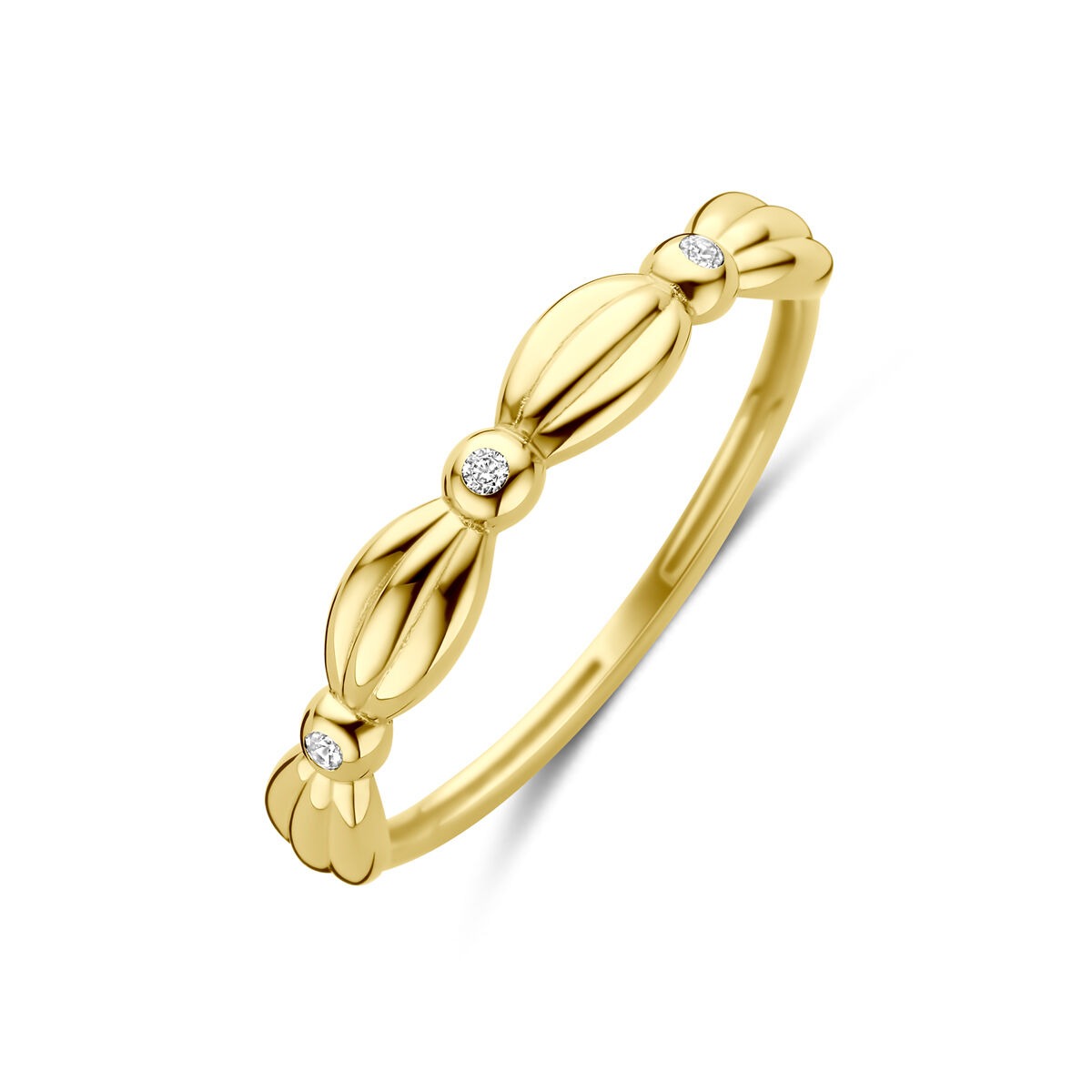 Anello da donna in oro giallo 14k con zircone, design ondulato e dettagli lucidi.