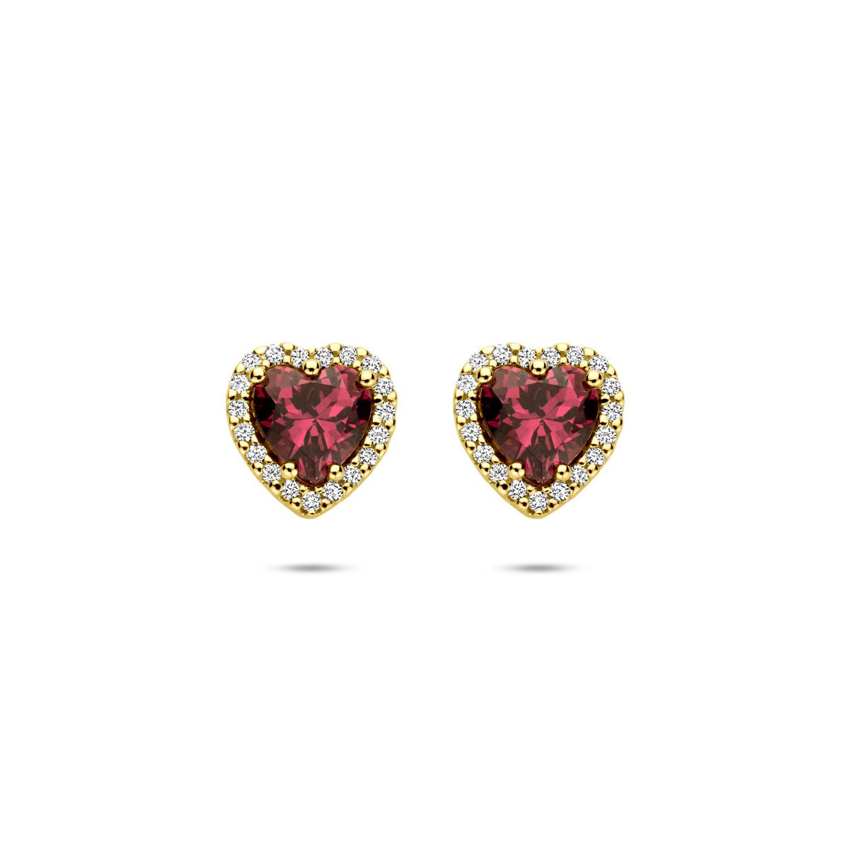 Orecchini a bottone in oro giallo 14k con cuoricino di rodolite e diamante – 0.10ct