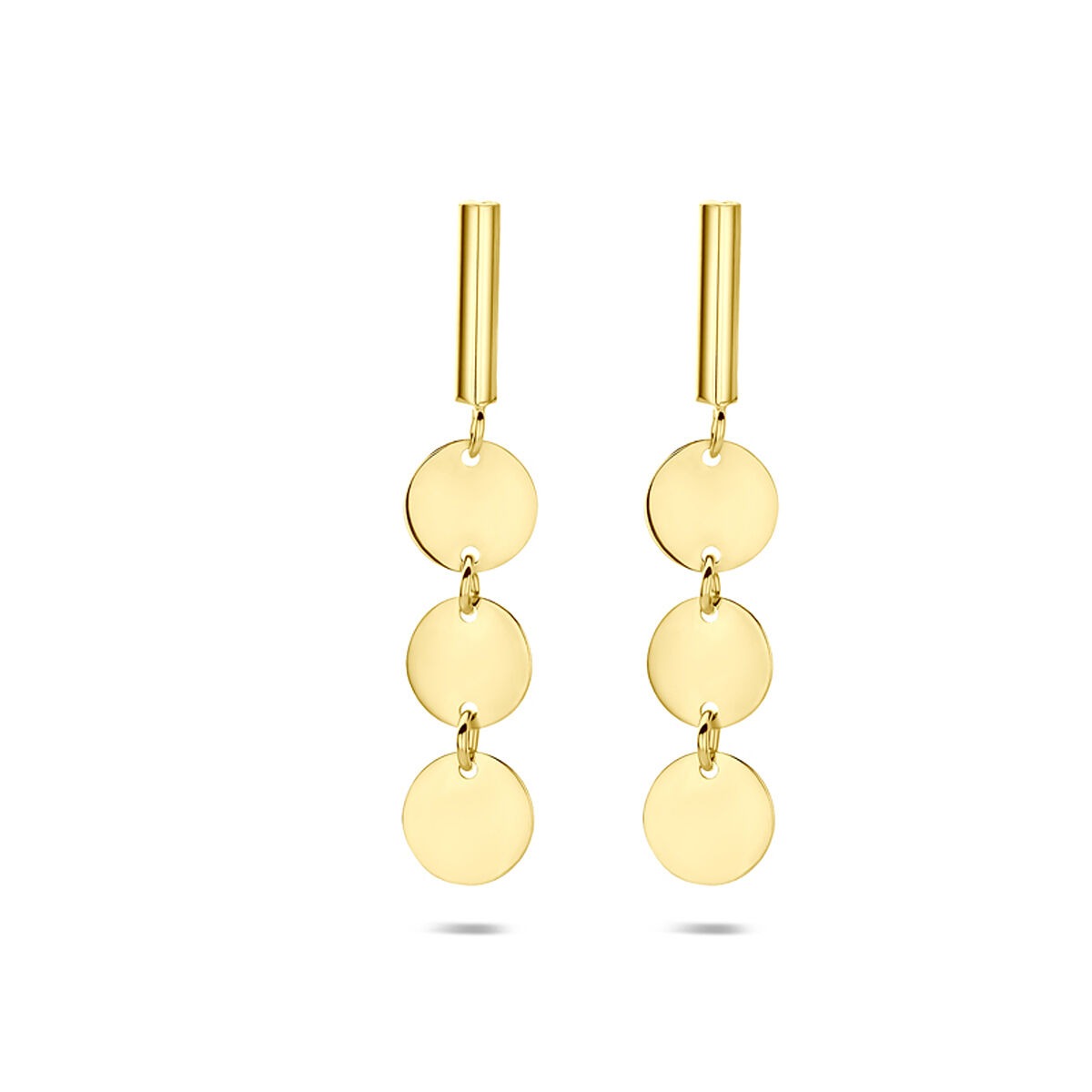 Orecchini in oro giallo 14k con tre dischi pendenti.