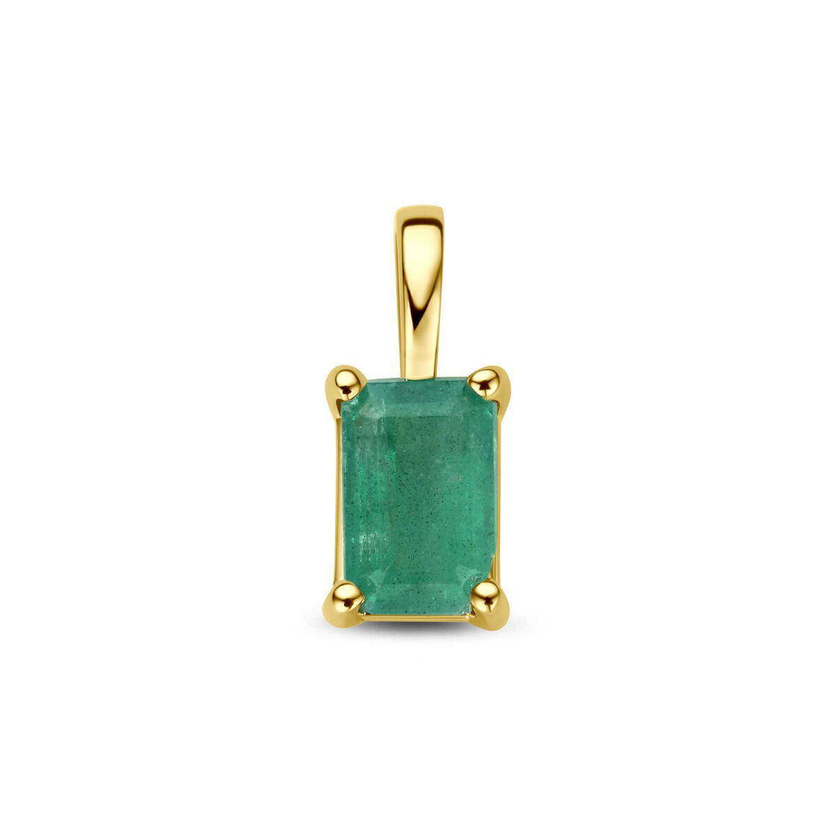 Ciondolo in oro giallo 14k con smeraldo rettangolare incastonato.
