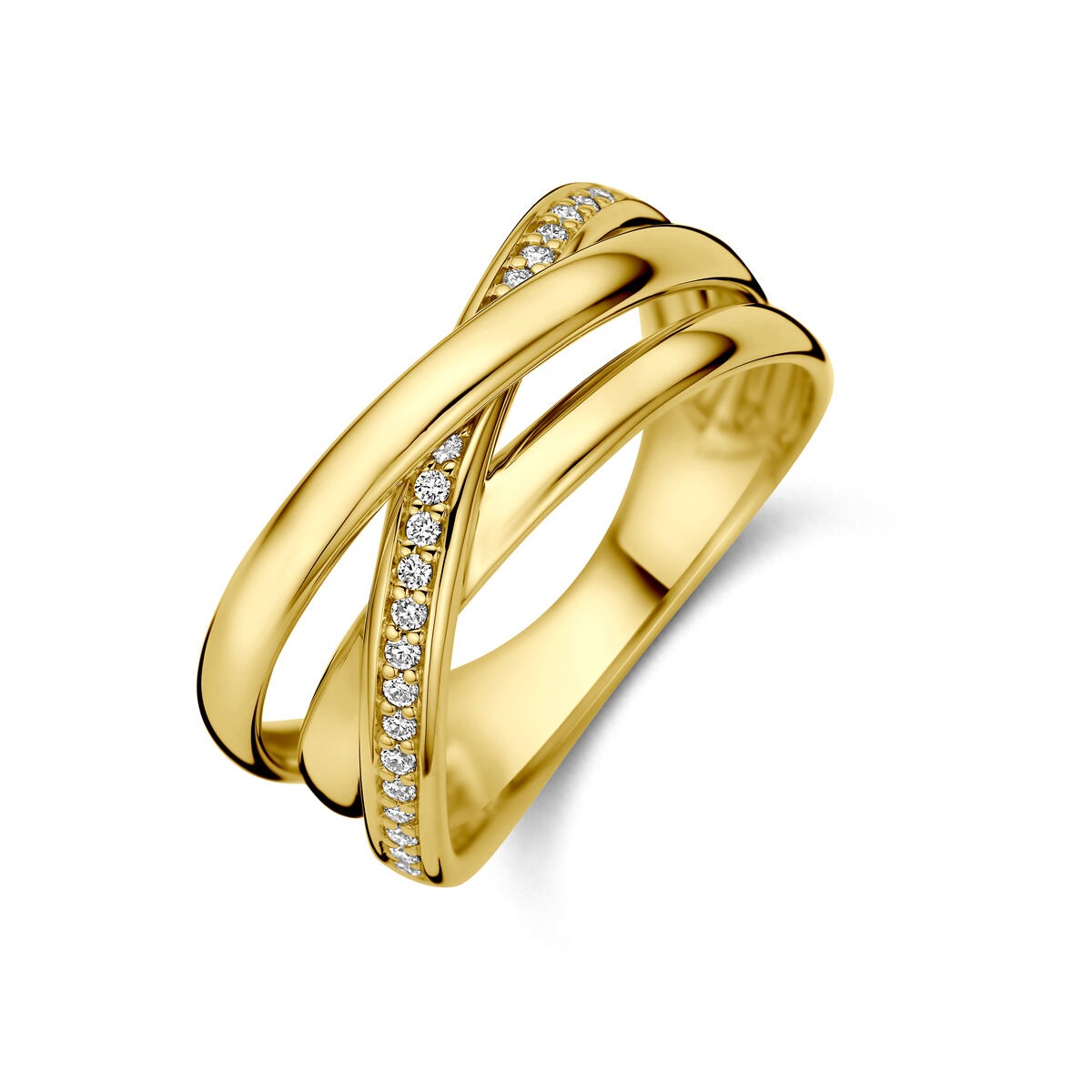 Anello in oro giallo 14k con diamanti da 0,15 ct, design intrecciato.