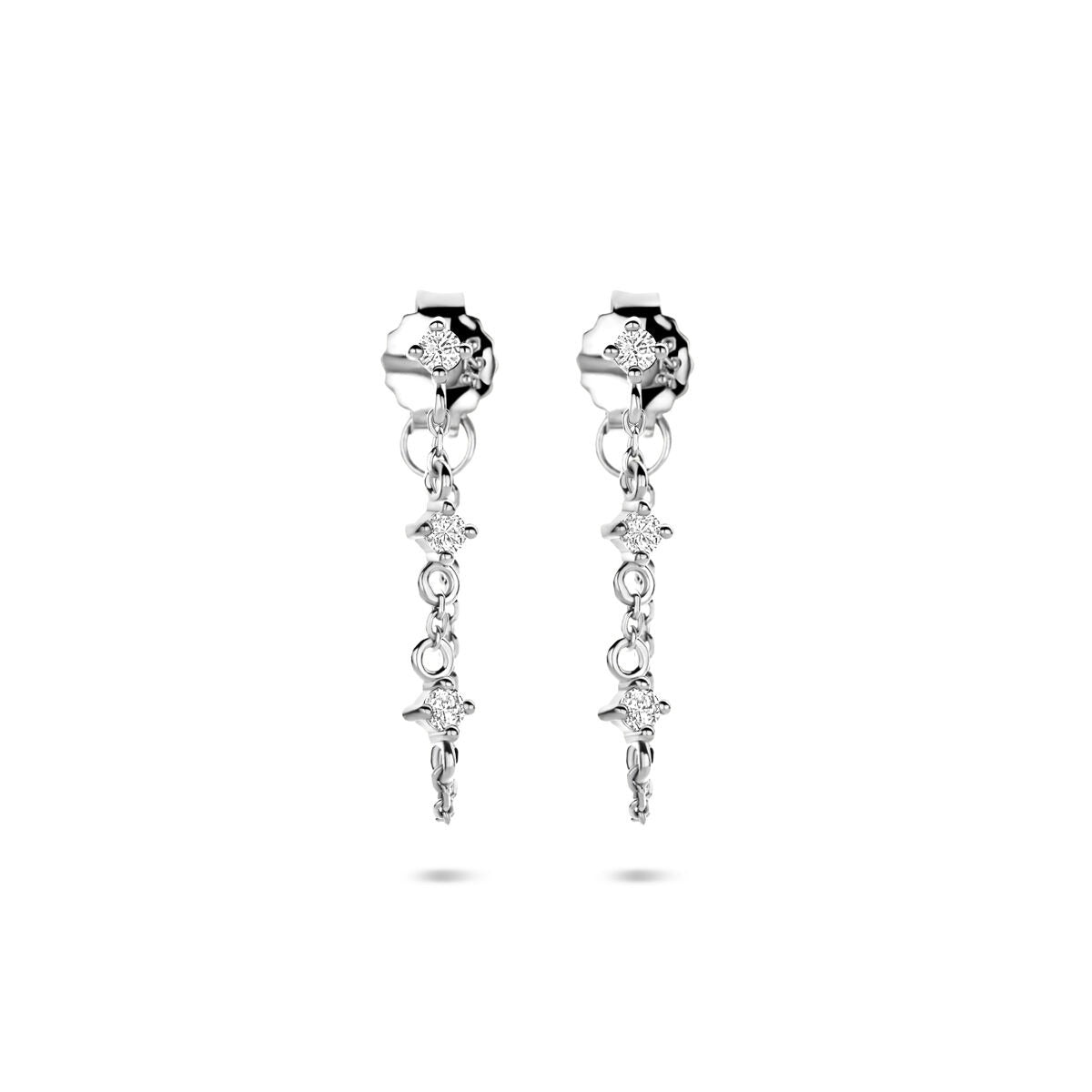 Orecchini in argento rodiato con zirconi, pendenti con dettagli scintillanti.