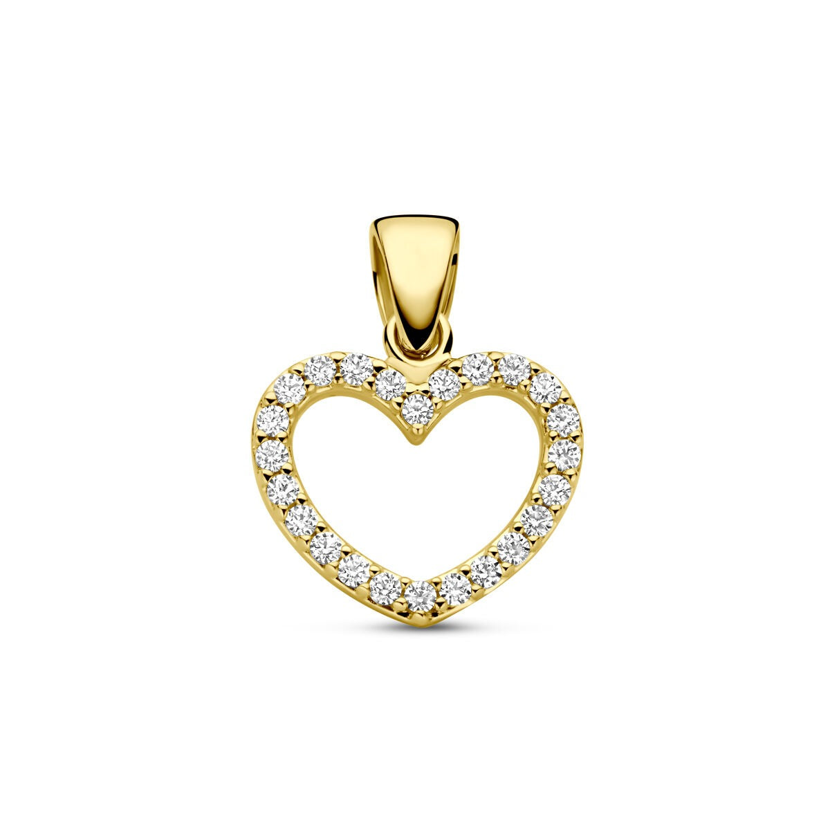 Ciondolo a forma di cuore in oro giallo 14k, decorato con zirconi brillanti.