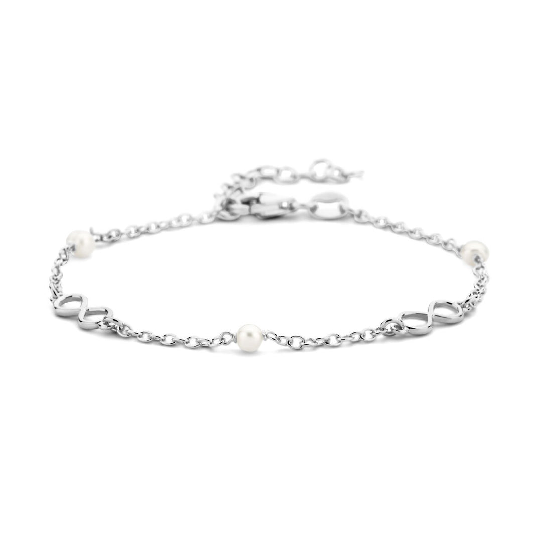 Zilveren vriendschap armband met parels en infinity hanger – gerhodineerd 925 zilver