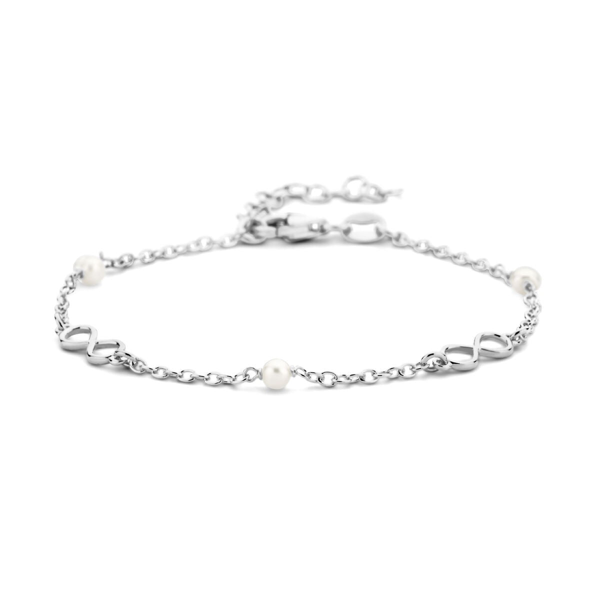 Bracciale in argento rodiato 925 con perle e pendente infinito.