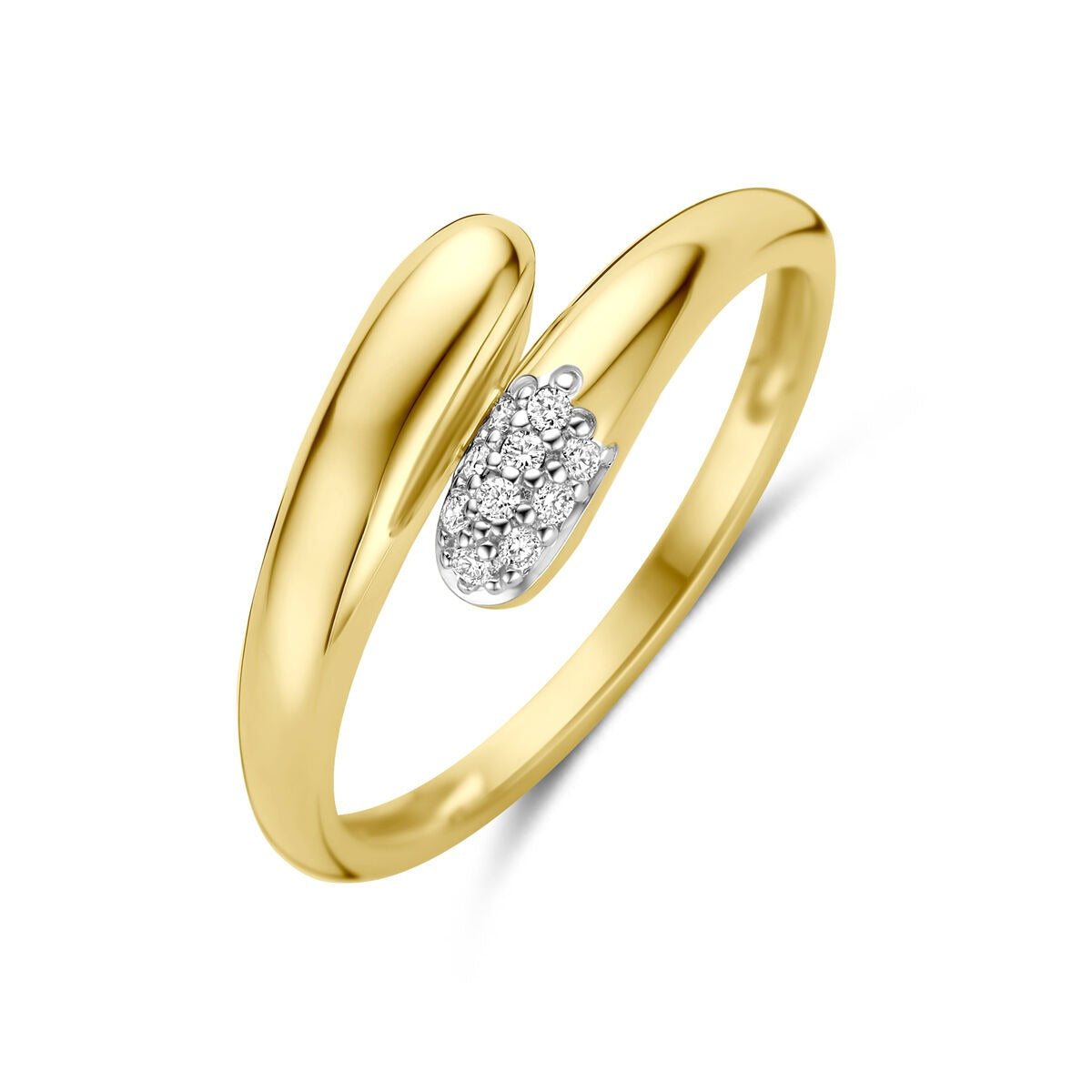 Anello in oro giallo 14k con diamanti, design ondulato e brillantezza.