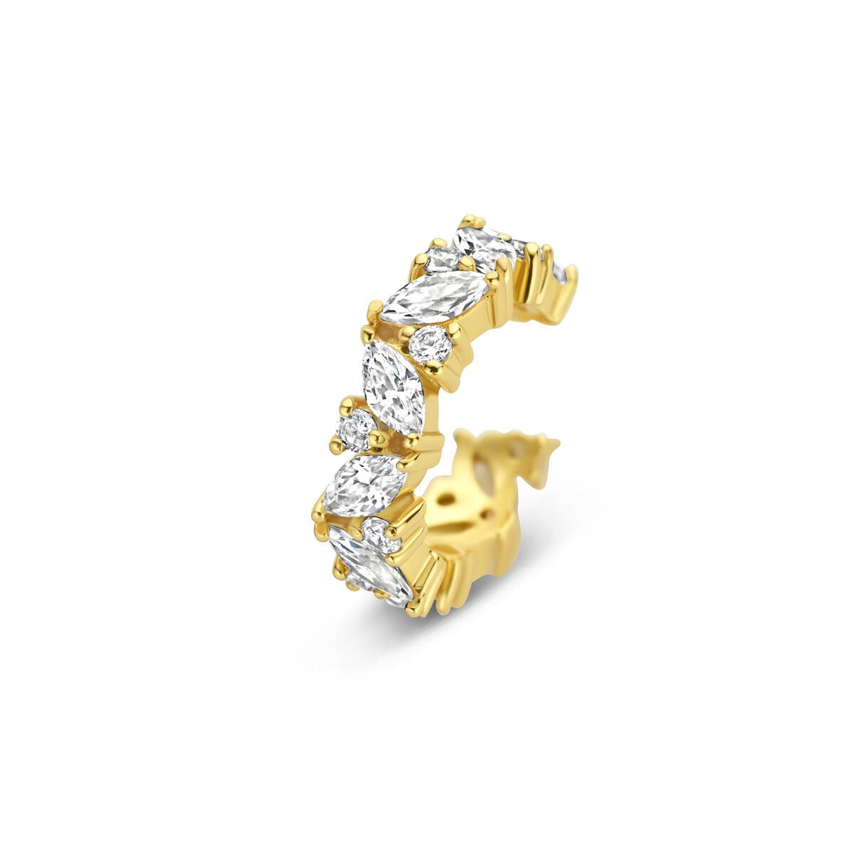 Ear cuff in argento dorato con zirconi, design curvo e dettagli brillanti.