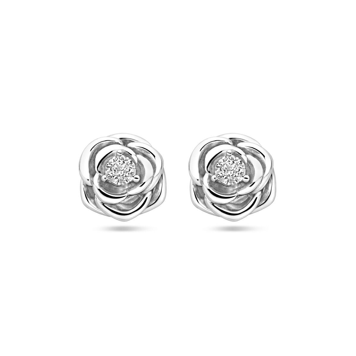 Orecchini a forma di rosa in argento con zircone al centro.
