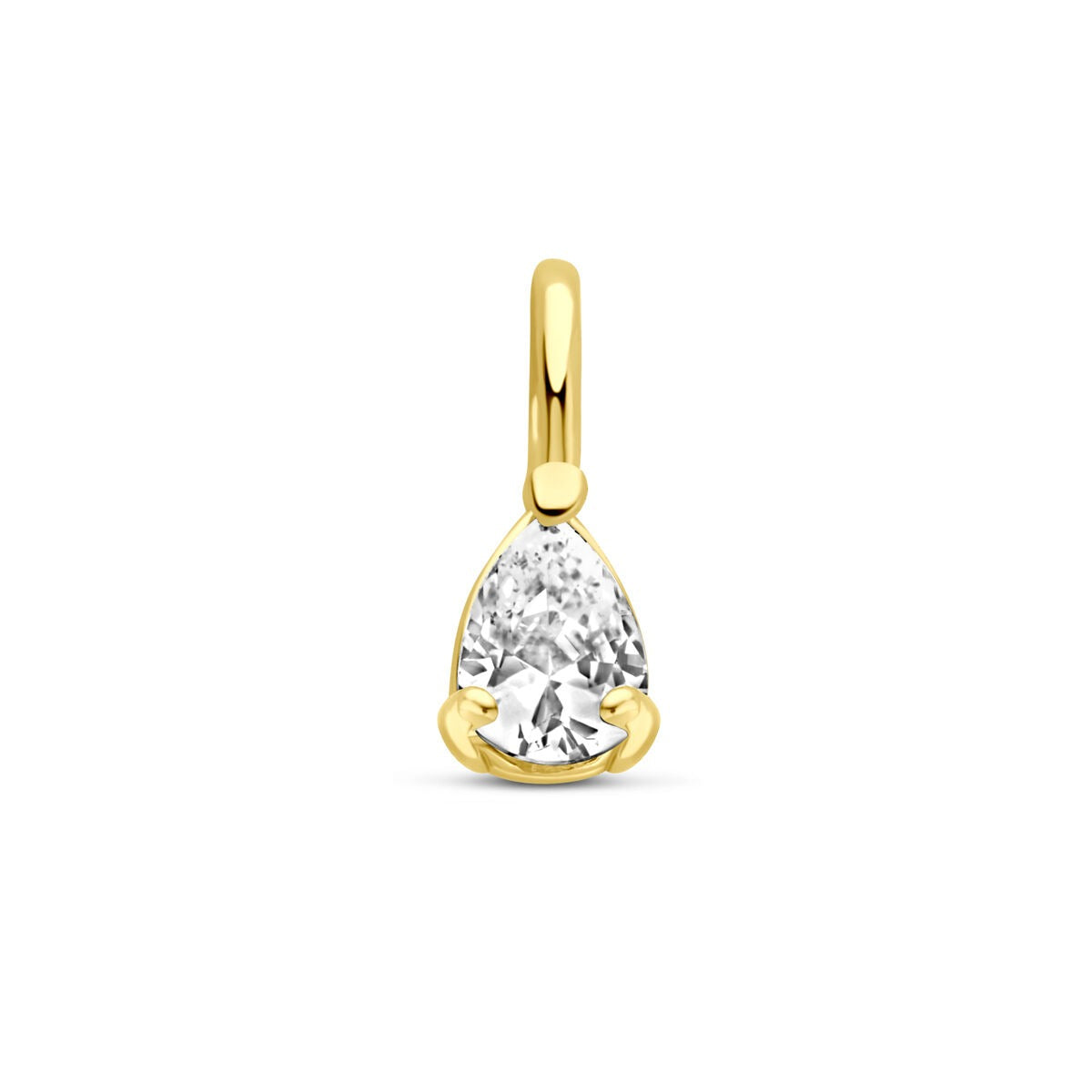 Pendente in oro giallo 14k con zircone a forma di pera, dimensioni 8,5 x 3,5 mm.