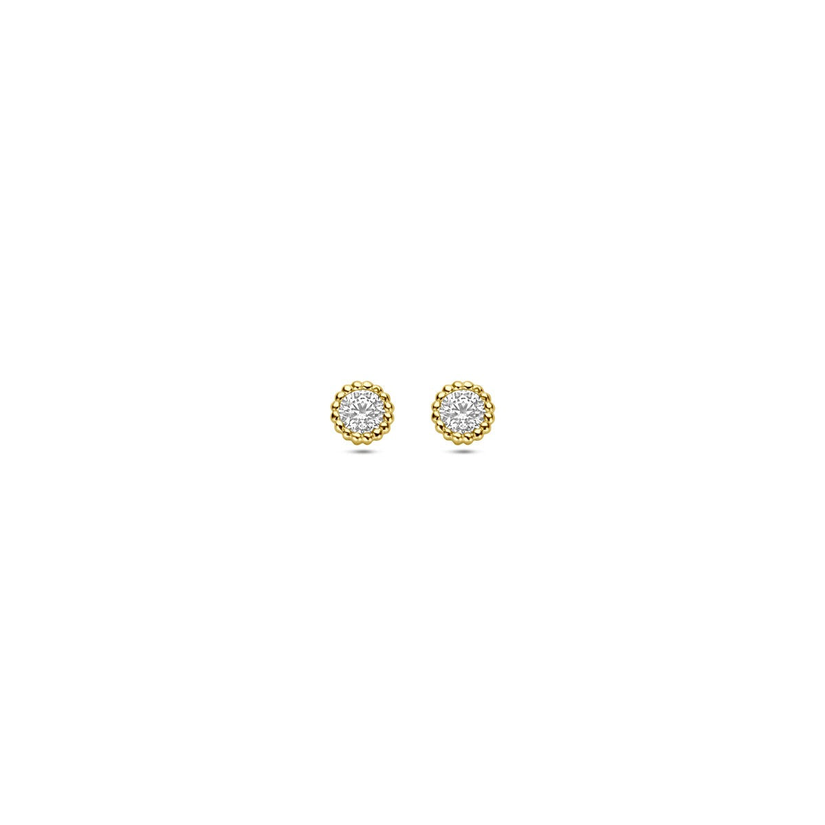 Orecchini da donna in oro giallo 14k con zirconi incastonati, forma rotonda.