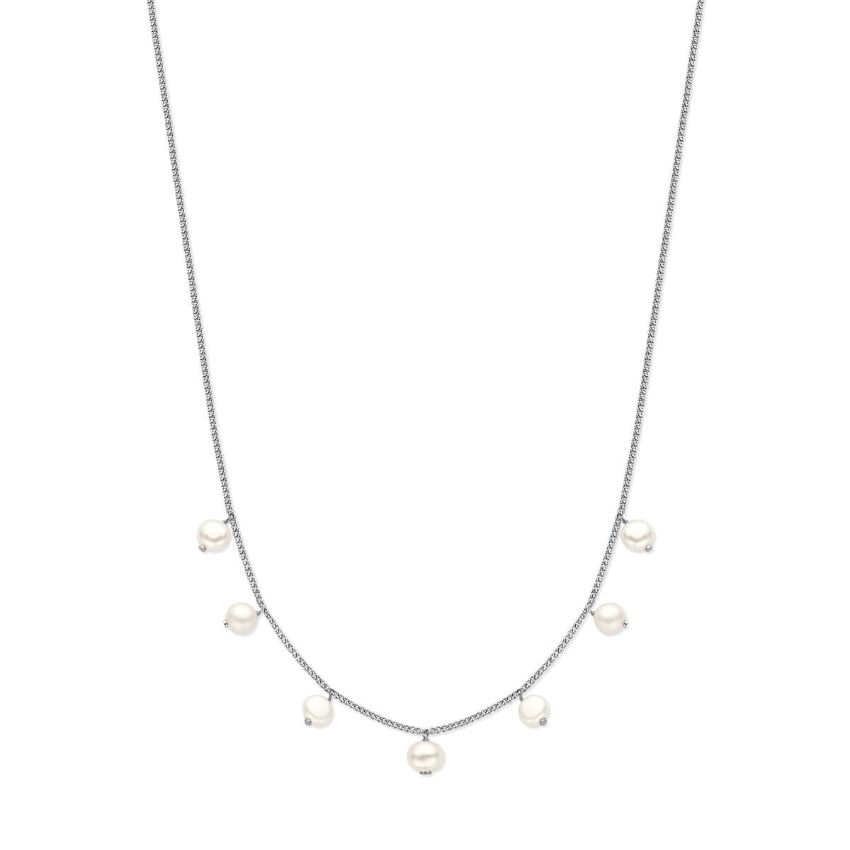 Zilveren gerhodineerd collier met zes parels in een speelse lijn.
