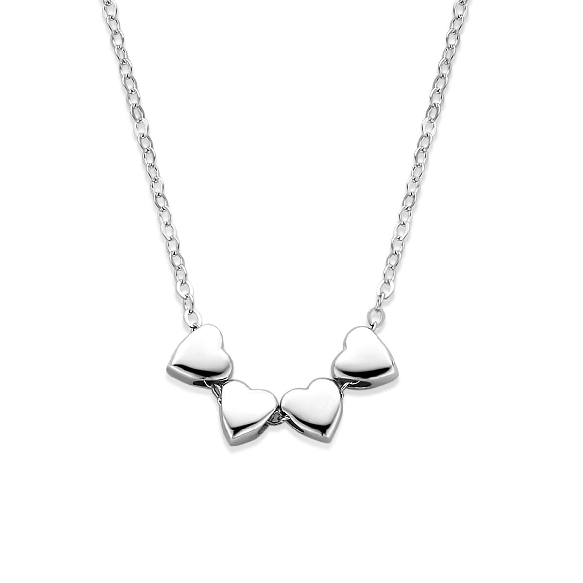 Collana in argento 925 rodiato con quattro cuori lucidi.