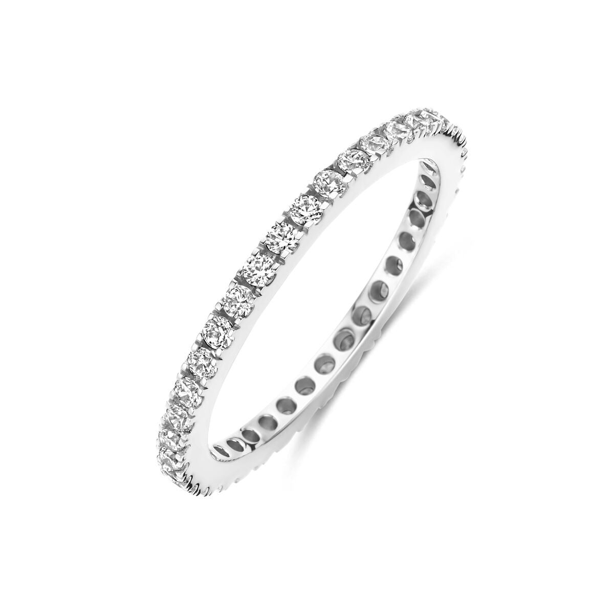 Gerhodineerde 925 zilveren ring met een rij van ronde zirkonia-steentjes.