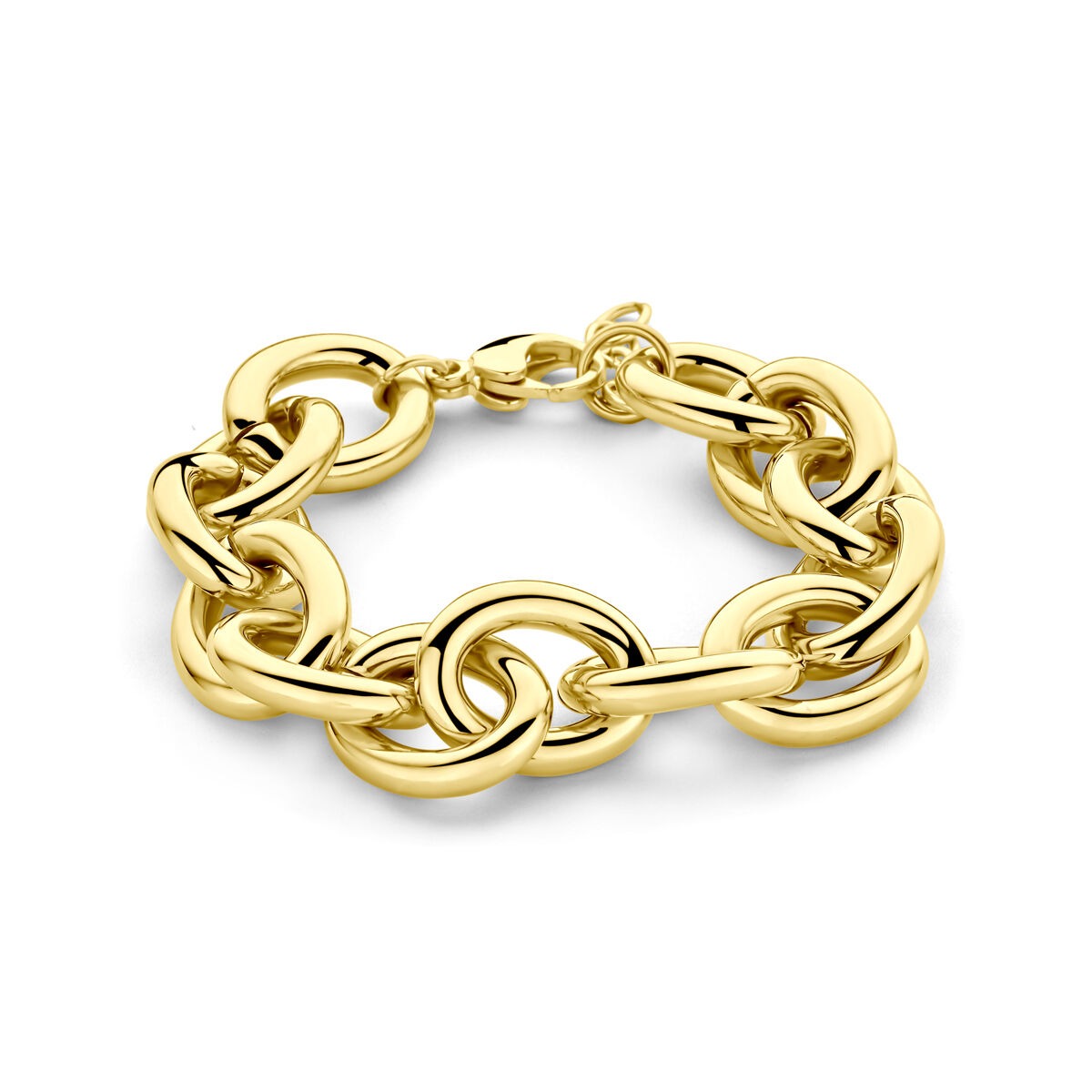 Goudkleurige stalen ankerarmband met grote schakels en een verlengstuk.
