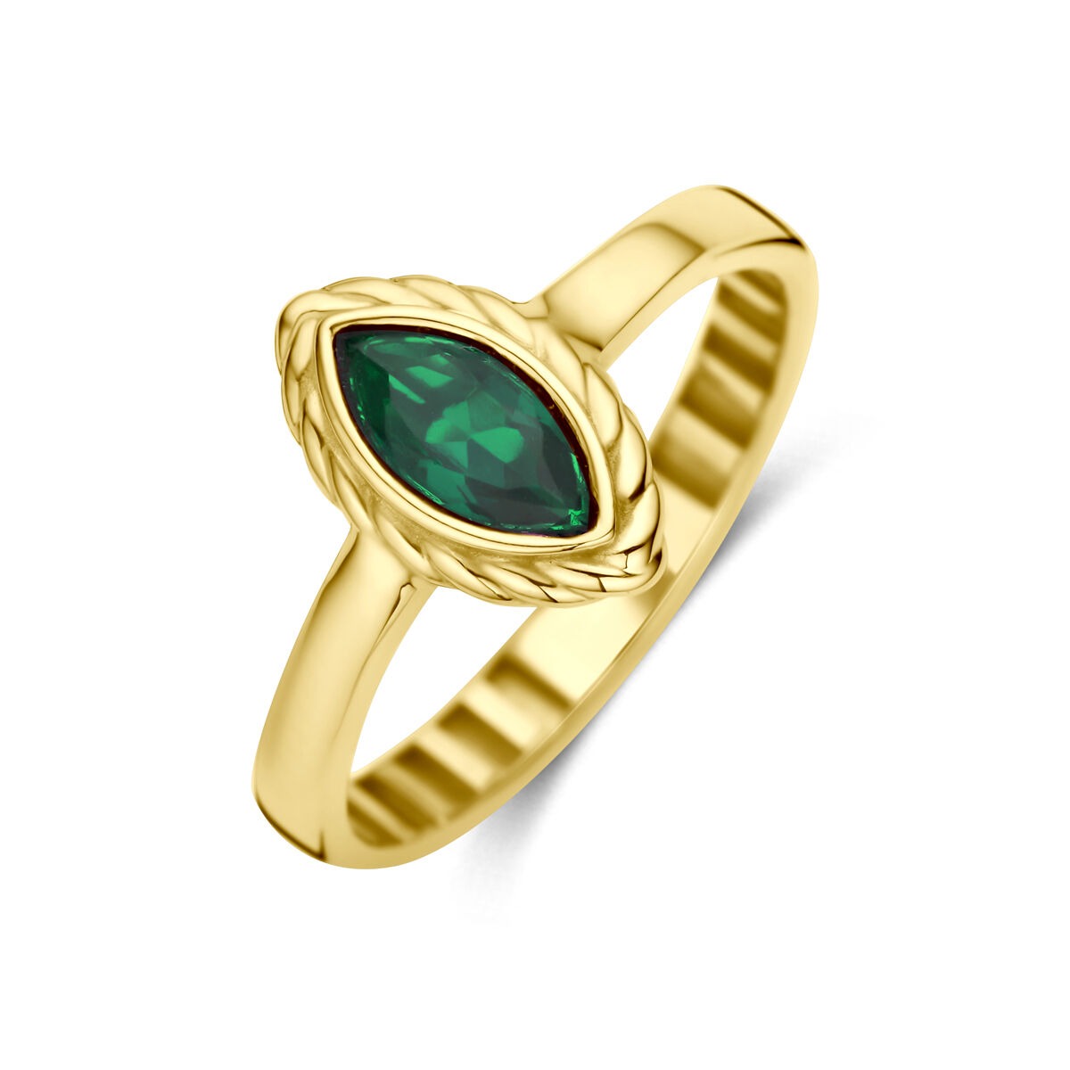 Anello in oro giallo 9k con zircone verde a forma di marquise.