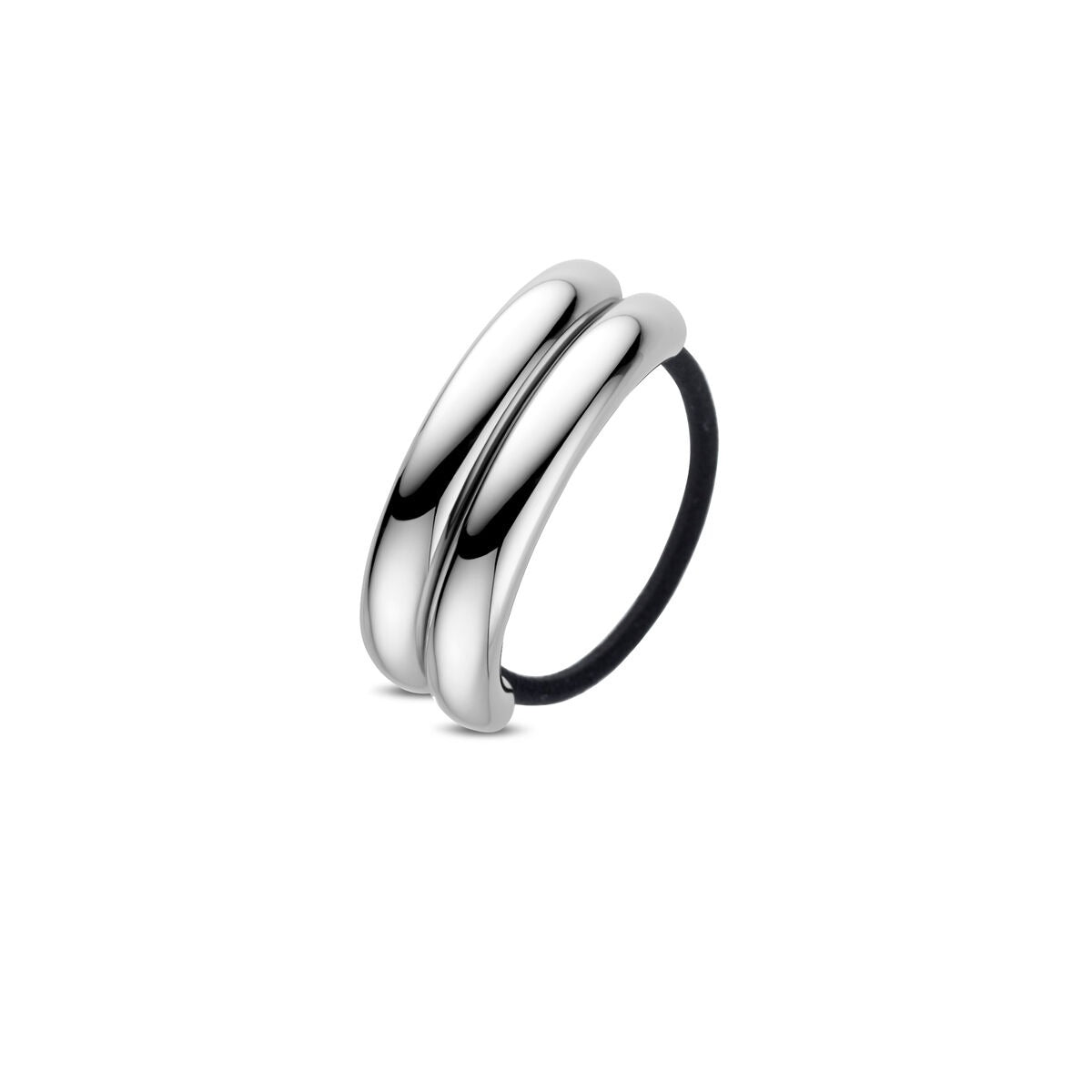Cuff per capelli in acciaio color argento, forma ondulata, dimensioni 17x53 mm.