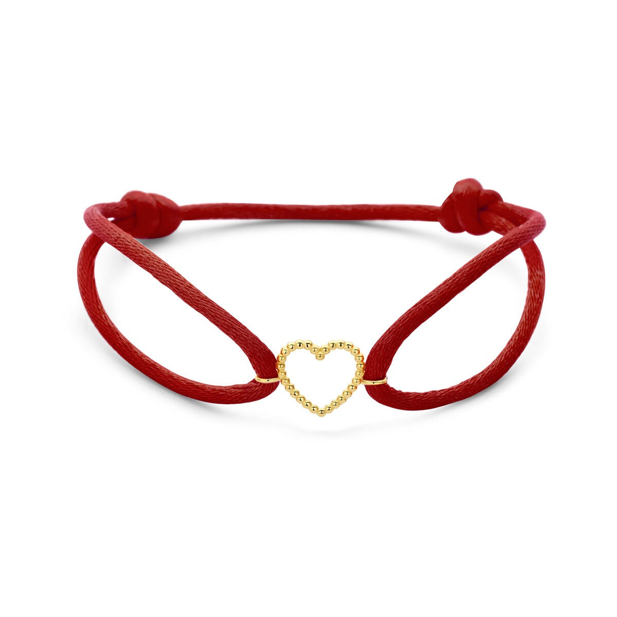Bracciale in raso rosso con cuore in oro giallo 14k, simbolo d'amore.