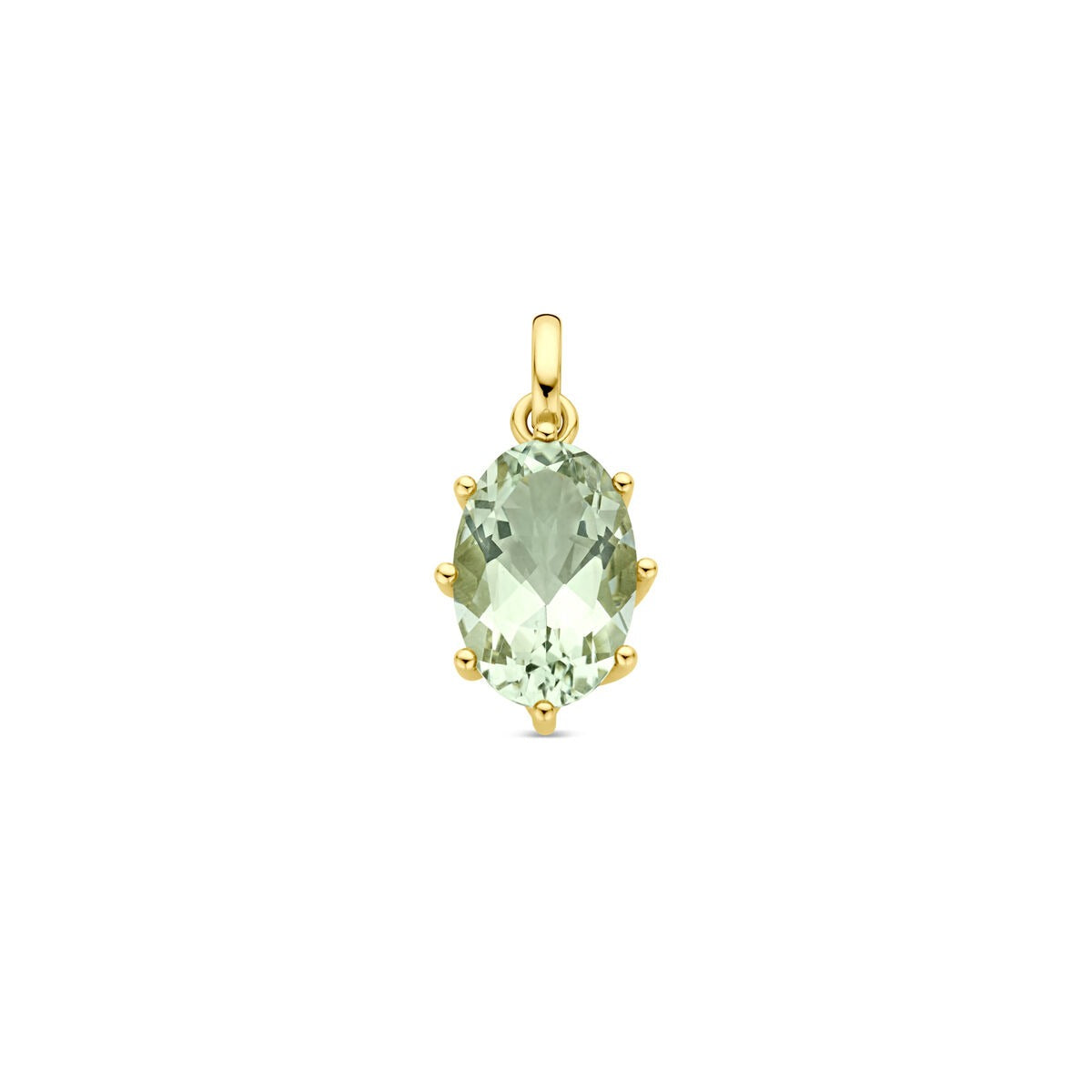 Geelgouden hanger met een ovale, groene amethist in een zes-puntige zetting.