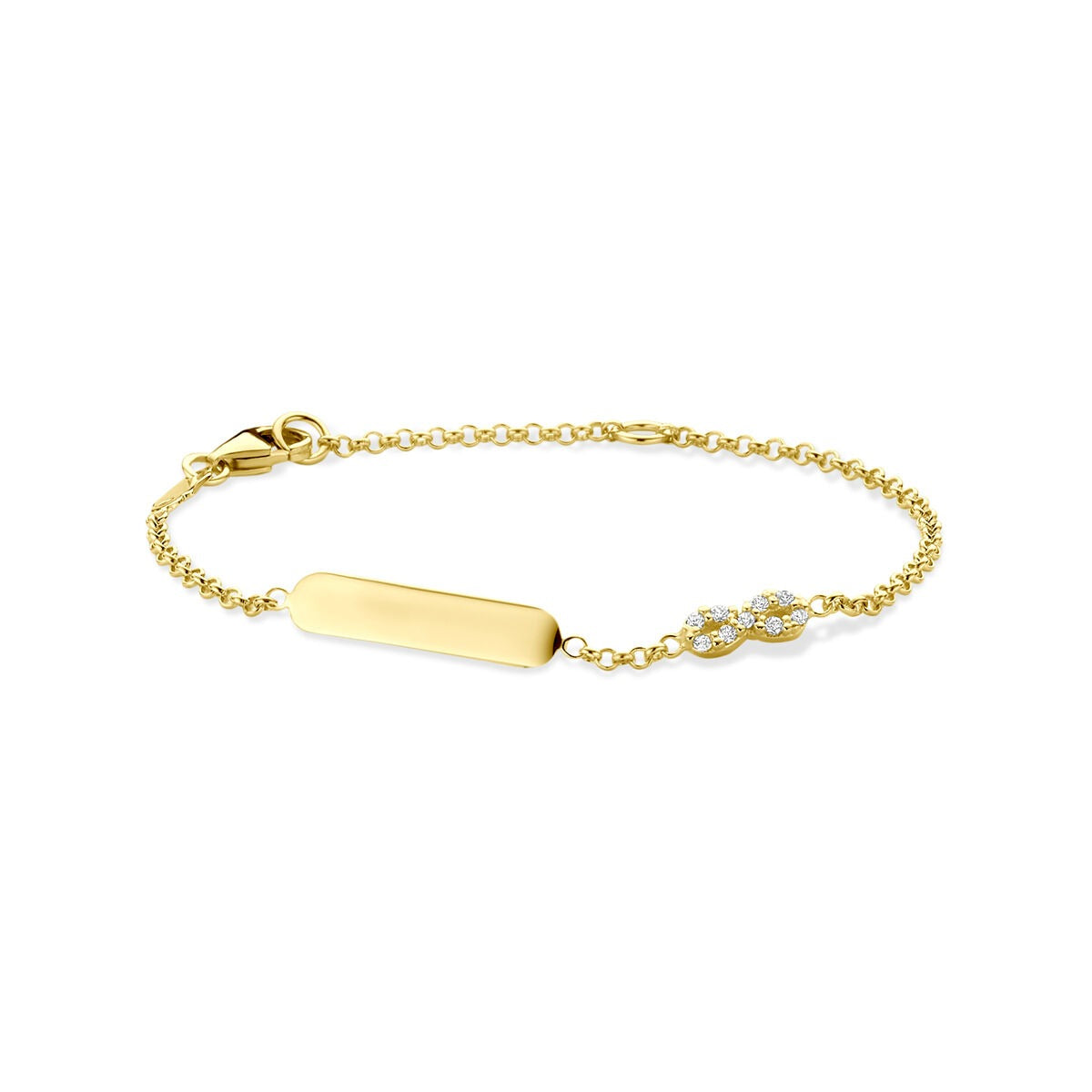 Bracciale in oro giallo 14k con placca per incisione e simbolo dell'infinito decorato con zirconi.