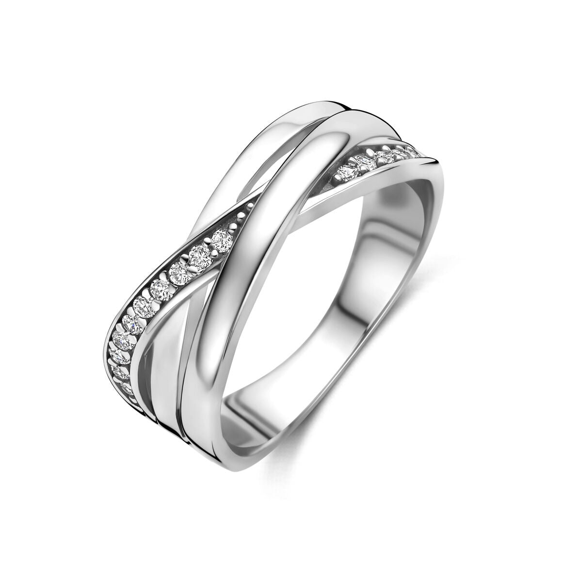 Gerhodineerde 925 zilveren ring met een golvende vorm en zirkonia-steentjes aan de zijkanten.