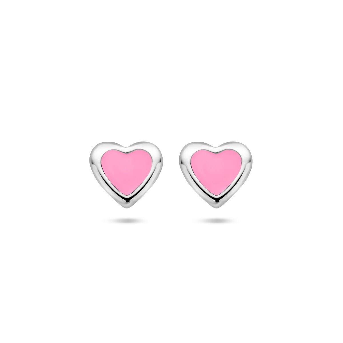 Orecchini a bottone argentati a forma di cuore con smalto rosa.