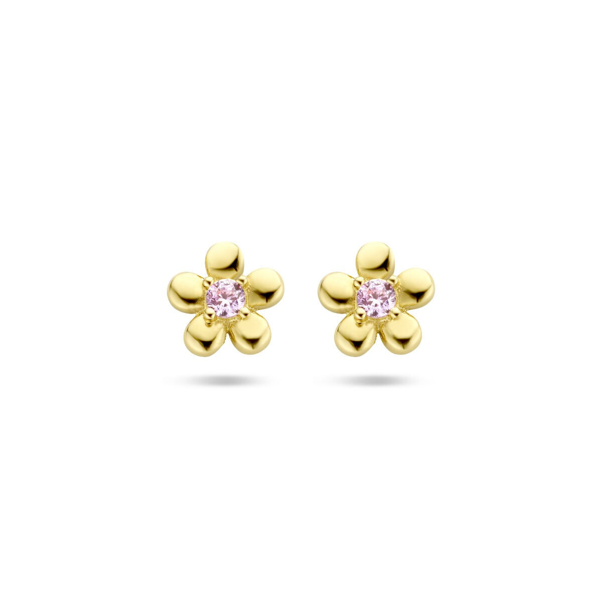 Orecchini a bottone in oro giallo 14k a forma di fiore con zircone rosa al centro.
