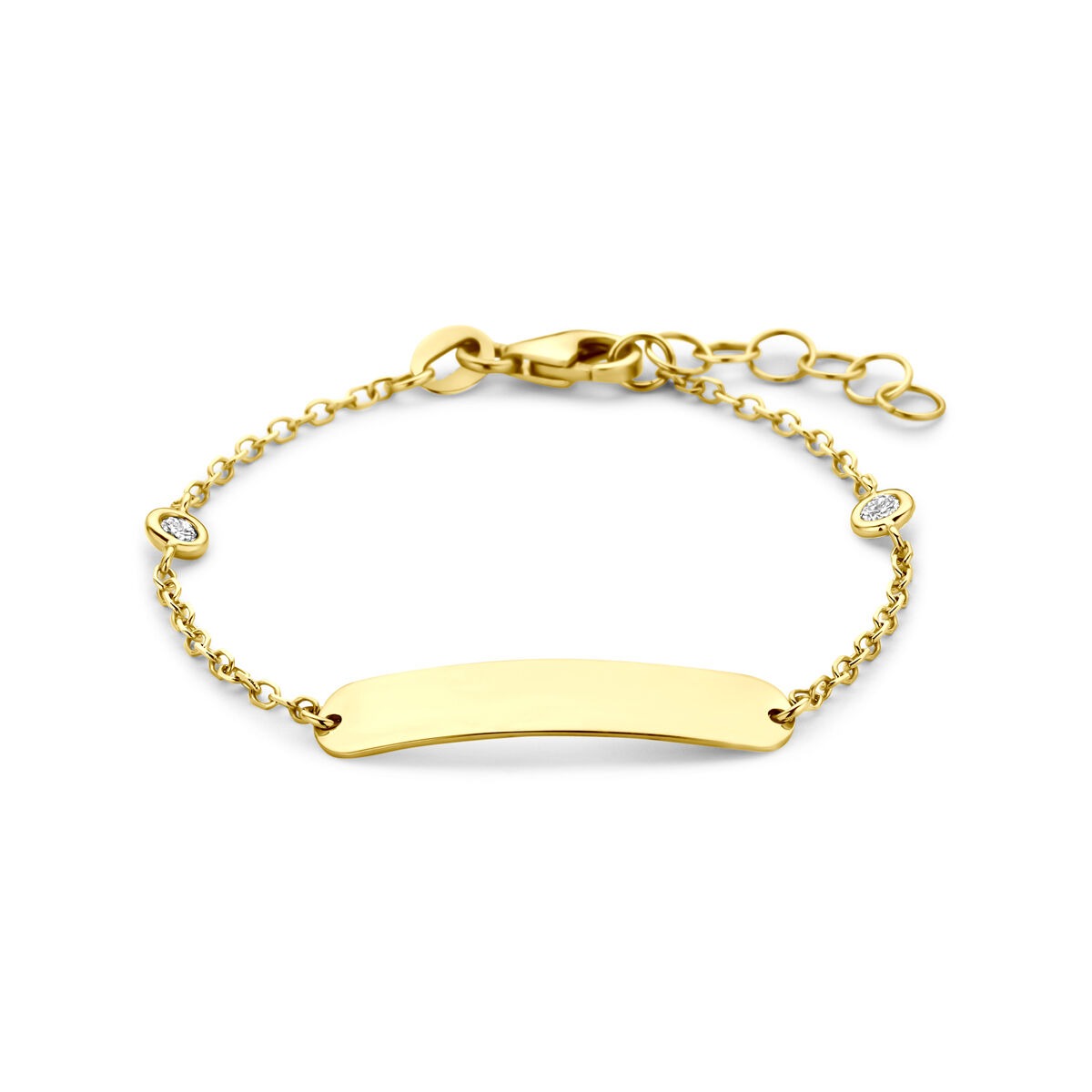 Bracciale in oro giallo 14k con piastra per incisione e diamante lab-grown.