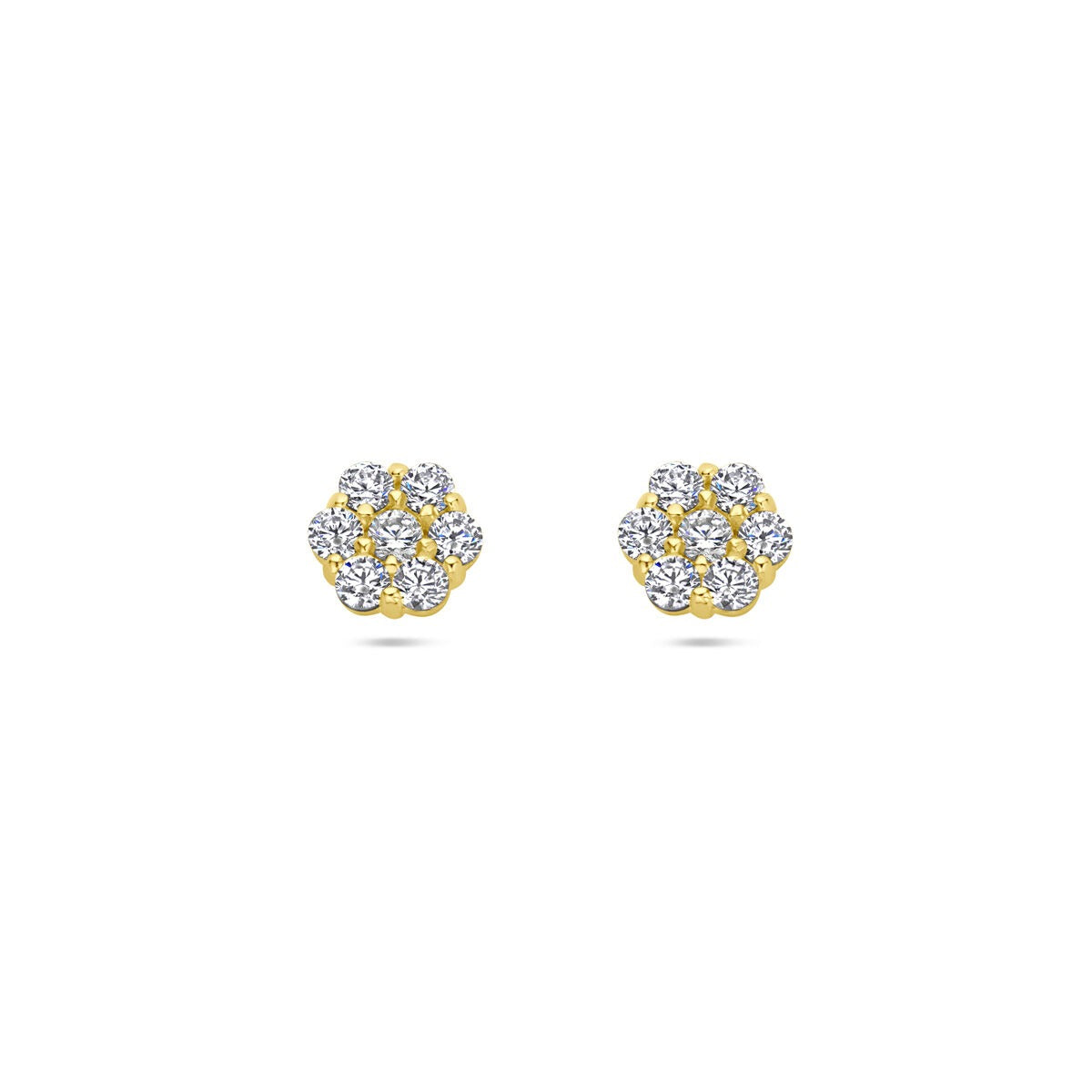Orecchini a bottone in oro giallo 14k a forma di fiore con zirconi.