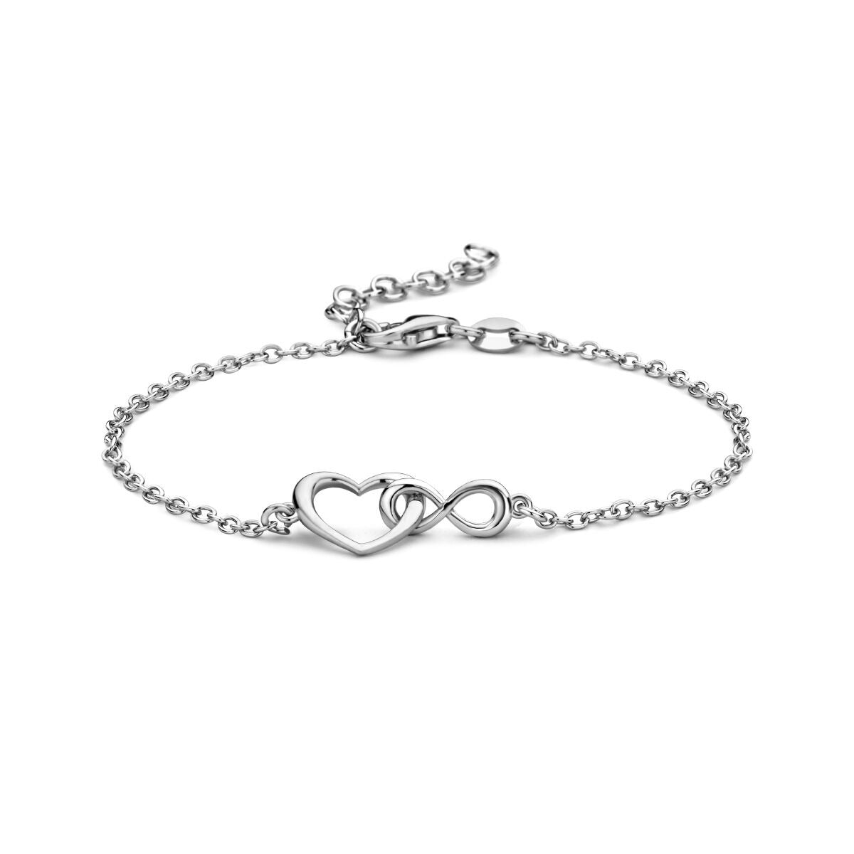 Gerhodineerde 925 zilveren armband met een hartje en een infinity-teken, met een fijne schakelketting.