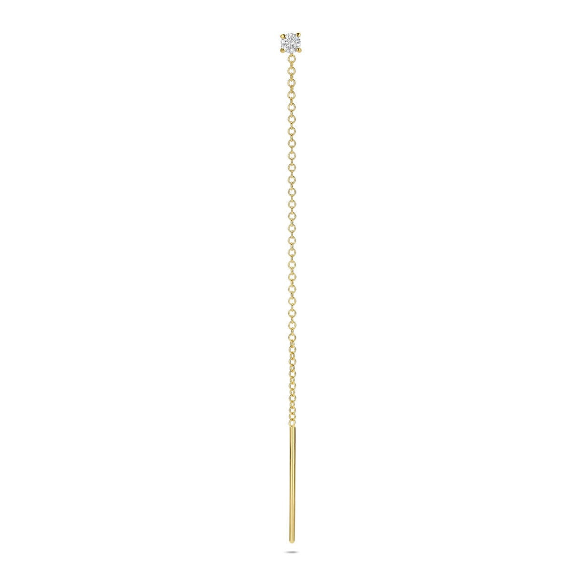 Orecchino pendente in oro giallo 14k con diamante, lungo e sottile.