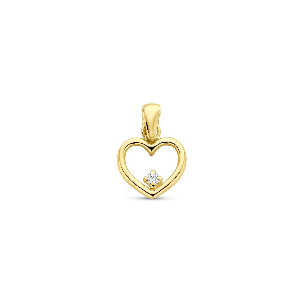 Ciondolo in oro 14k a forma di cuore con zircone, dimensione 13 mm.