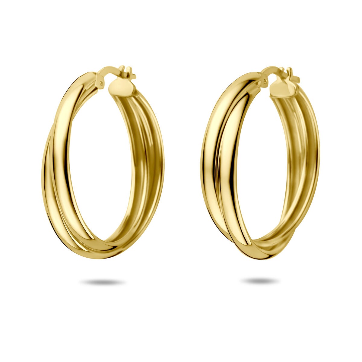 Orecchini alla creola in argento 925 dorato, con design a tre anelli intrecciati.